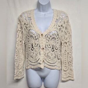 AZ Cotton Crochet Lace Knit Cardigan S Natural Earth Color Long Sleeve